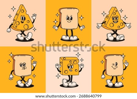 Set of groovy cheese and bread characters in retro style. Flat vector illustration.