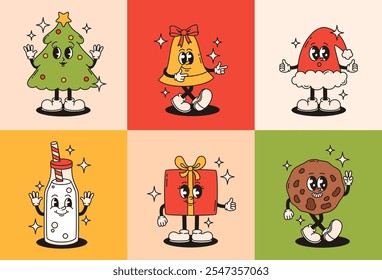 Conjunto de personajes de Navidades groovy. Regalo, campana, árbol de Navidad, chocolate caliente, galletas, leche. Ilustración vectorial plana.