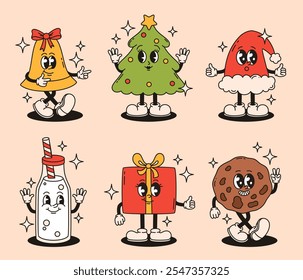 Set of groovy Christmas characters. Gift, bell, Christmas tree, cookies, milk. Flat vector illustration.
