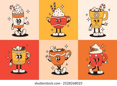 Set of groovy Christmas drinks characters. Cups of coffee and hot chocolate. Flat vector illustration.