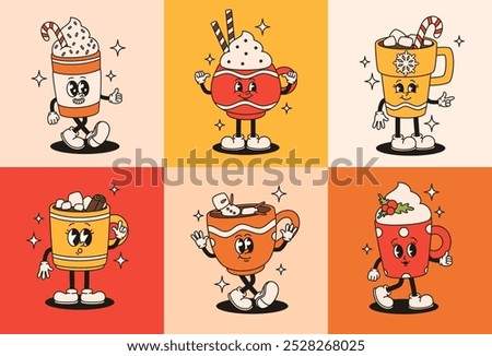 Set of groovy Christmas drinks characters. Cups of coffee and hot chocolate. Flat vector illustration.