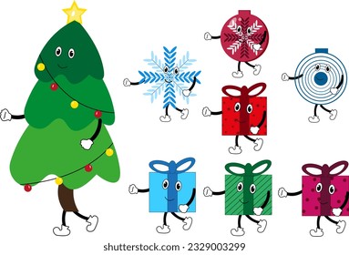 Set of groovy Christmas Mascot. Xmas gift box, xmas tree, snowflake and ball isolated on white background. Holiday symbols with smile face. Vector illustration. 