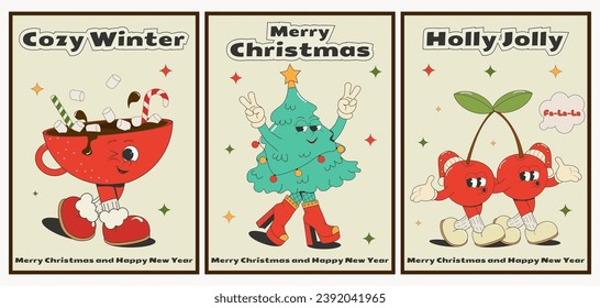 set of groovy Christmas posters with a cartoon Christmas tree, a cup of cocoa and funny cherries in Santa's hat. Vector illustration in the comic retro style of the 60s-70s. svg