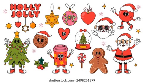 Set of Groovy Christmas stickers. Comic vintage characters, cartoon 40s retro Santa Claus, hippy xmas tree, holiday gingerbread, winter drink, snow ball. Hand draw vector style isolated on white