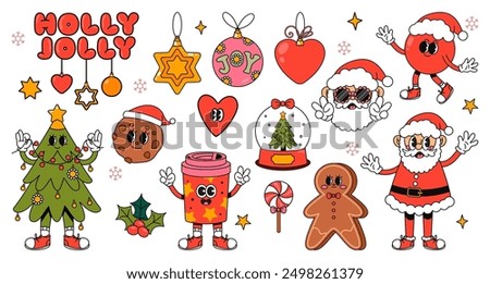Set of Groovy Christmas stickers. Comic vintage characters, cartoon 40s retro Santa Claus, hippy xmas tree, holiday gingerbread, winter drink, snow ball. Hand draw vector style isolated on white
