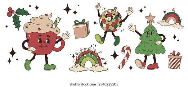 Set of groovy Christmas vectors: mascots, party elements, decorations. Holly berries, gift boxes, christmas tree, disco ball, rainbows, candy cane, cup of christmas beverage, garland, glitter stars. 