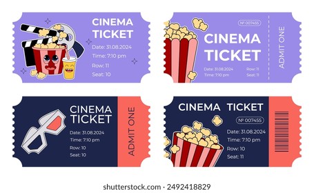 Conjunto de entradas de cine estupendas. Personaje de palomitas de maíz mascota 2000s, gafas de película 3d. Cupones de Plantilla retro. Vector