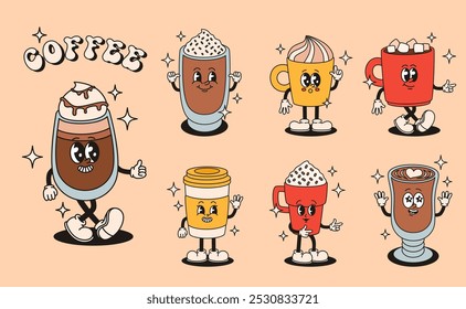 Set of groovy coffee cup characters. Cappuccino, latte, espresso. Vector flat illustration.