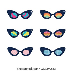 conjunto de gafas de sol de color groovy con un patrón de arco iris ondulado. gafas de sol psicodélicas al estilo de los años 70. elementos gráficos de gafas con arco iris, líneas y olas. Estilo de boho hippie