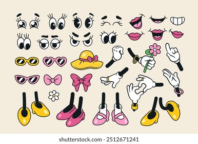 Set of groovy comic elements. Hipster retro girly hands, feet, accessories and faces expressing different emotions. Cartoon character in 70s style. Doodle vector illustration isolated on background