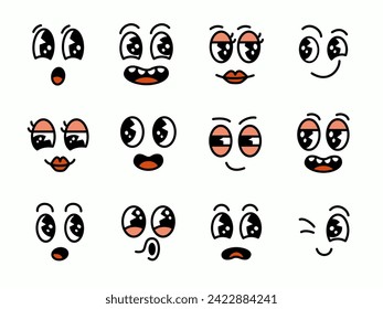 Set of groovy comic faces. Cartoon character faces with different emotion: happy, playful, surprised, funny, cute, cunning, scared, relaxed. Vector illustration