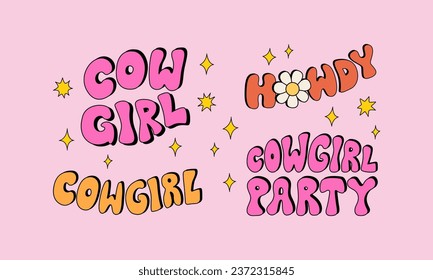 Set of groovy cowgirl lettering. Howdy, cowgirl party. Cute retro cartoon vector illustration quotes in cowboy girly western concept.