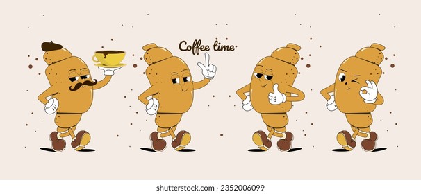 set of groovy croissant characters with different emotions and hand gestures.Comic 
croissant in cartoon retro style.branding mascot for the design of the menu of a restaurant,cafe,bar,vintage sign