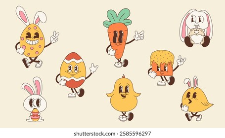 Set of Groovy Cute Easter Characters