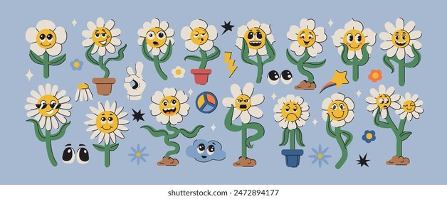 Set of groovy daisy flowers face. Funky flower characters, cute chamomiles in pot. Hippie floral stickers in trendy psychedelic retro y2k style. Trippy garden plants with different facial expressions.