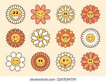 Set of groovy daisy flowers with funny smiling faces. Flower power sticker pack in trendy hippie 60s, 70s, 80s retro style. Isolated vector graphic elements collection  in simple linear style.