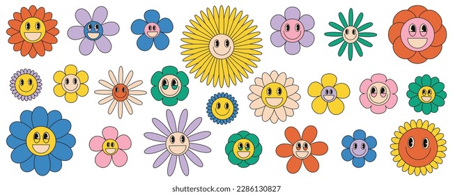 Set Groovy daisy flowers. Retro flowers with a face smile in the cartoon style of the 70s. A set of stickers. smiling in a cartoon style.