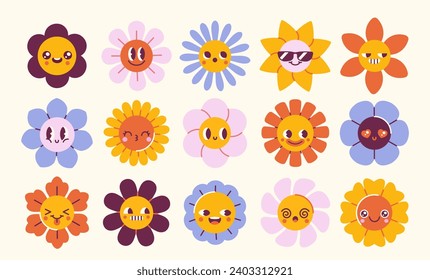 Set of Groovy daisy flowers. Vintage retro wildflowers and plants with cute smiling faces in 70s style. Trendy psychedelic stickers. Cartoon flat vector illustrations isolated on white background.