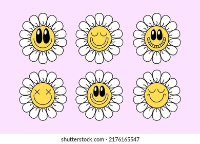 Set of groovy daisy with smile flowers print on 70s style on pink background. Vector doodle illustration. Design for t shirt, card, flyer, banner