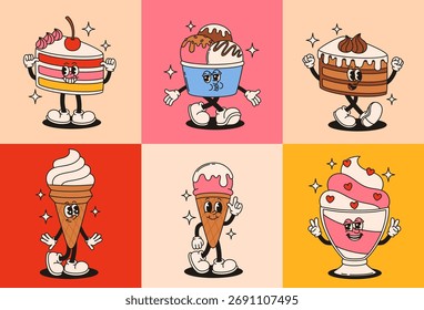 Set of groovy dessert characters in retro style. Flat vector illustration.