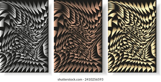 Set Groovy Distorted Metallic gradient Geometric backgrounds and posters. Templates for postcards and banner with triangles. Prisychedelic vibes of hippies 60s and 70s. Vector illustration. EPS 10