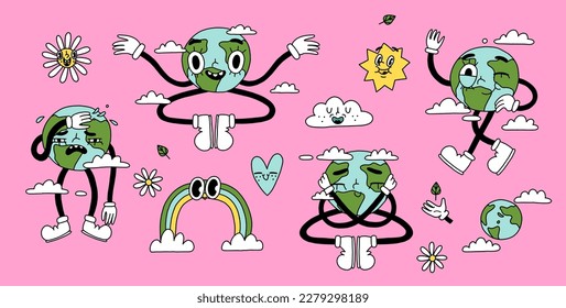 Set of Groovy Earth Day characters mascot. Our Planet Earth illustration in retro cartoon style. Cute Earth globe with different emotions. Happy Earth day card. Hand drawn isolated Vector collection