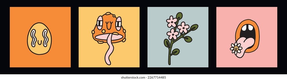 Set of Groovy Easter character mascot. Spring avatar illustrations in retro cartoon style. Cute egg, mushroom, flower. Different emotions. Happy Easter card. Hand drawn isolated vector collection