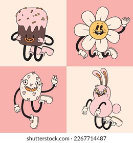 Set of Groovy Easter character mascot. Spring avatar illustrations in retro cartoon style. Cute egg, bunny, daisy flower. Different emotions. Happy Easter card. Hand drawn isolated vector collection