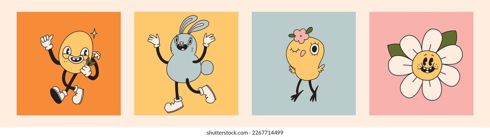 Set of Groovy Easter character mascot. Spring avatar illustrations in retro cartoon style. Cute egg, bunny, chick, daisy flower. Different emotions. Happy Easter card. Hand drawn isolated vector