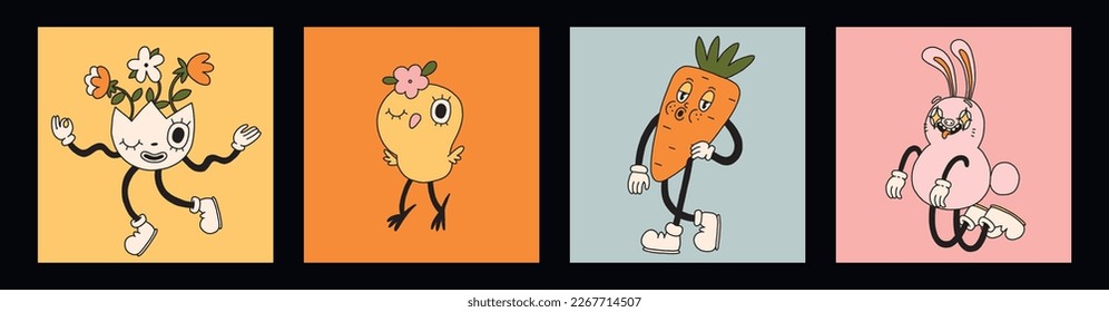 Set of Groovy Easter character mascot. Spring avatar illustrations in retro cartoon style. Cute egg, bunny, chick, flowers. Different emotions. Happy Easter card. Hand drawn isolated vector collection