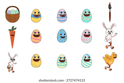 Set von groovigem Ostereierhasen, Korb Cartoon Vintage