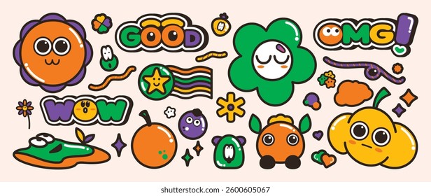 Set of groovy element vector. Collection of cartoon characters, doodle smile face, flower, cloud, orange, good, wow, sparkle. Cute retro groovy hippie design for decorative, sticker, kids.