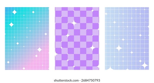 Definir Groovy fantasia fundo gradiente brilhante y2k retro azul e rosa pastel galáxia estética. Pop unicórnio grande com estrelas, enfeite xadrez na moda.