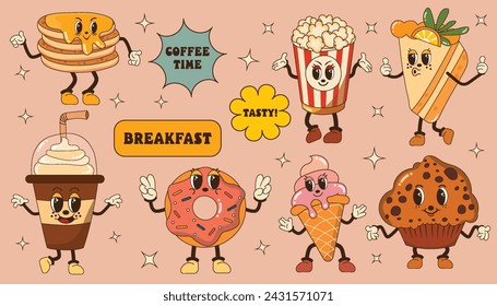 Set of groovy fast food character. Retro vintage vector illustrations. Pancakes, popcorn, cake, coffee, donut, ice cream, muffin. Illustration for restaurant, cafe and delivery.