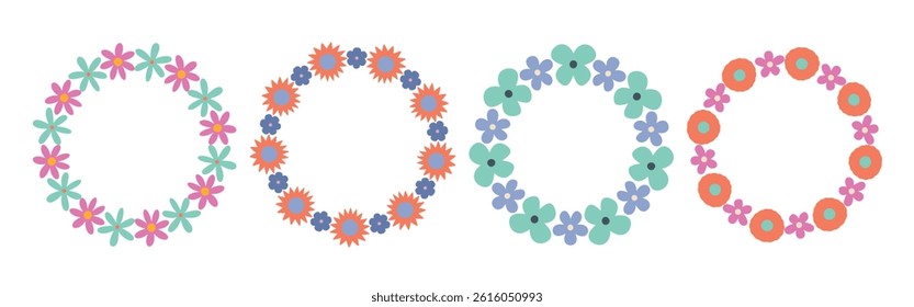 Set of groovy floral circle frames in a simple, minimalist style. Botanical wreaths with bright retro flowers. Vector illustrations perfect for wedding invitations, cards, logos, and decorative design
