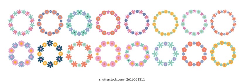 Set of groovy floral circle frames in a simple, minimalist style. Botanical wreaths with bright retro flowers. Vector illustrations perfect for wedding invitations, cards, logos, and decorative design