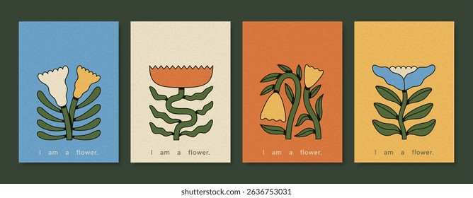 Set of groovy floral posters with bold outlines and flat colors. Retro folk flower design. 