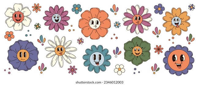 Conjunto de brotes de flores con caras de dibujos animados al estilo de los años 70. Ilustración vectorial retro sobre fondo blanco aislado.