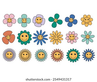 Set of Groovy flower cartoon characters. Funny happy daisy with eyes and smile. Sticker pack in trendy retro trippy style. Isolated vector illustration. Hippie 60s, 70s style.