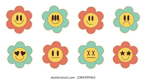 Set of groovy flower emoji in trippy style. Happy daisy with eyes and smile.