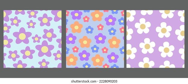 Set Groovy Flower Patterns Y2k Style. Abstract Square Seamless Patterns with Vintage Groovy Daisy Flowers. Colorful background, 60s, 70s, hippie aesthetic.