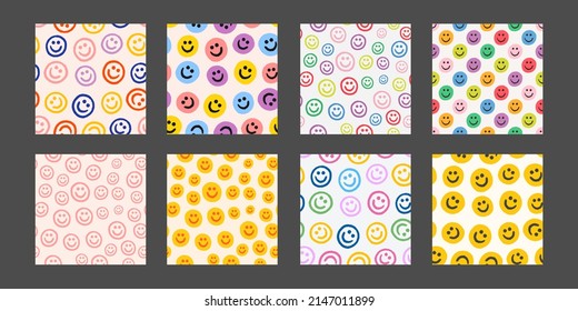 Set of Groovy Flower Seamless Pattern. Cool Y2K Floral Background. Retro Blossom Funky Backdrop Vector Illustration.