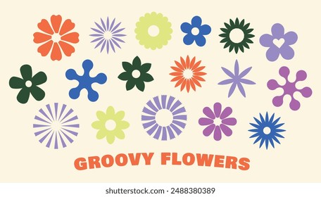 Set of Groovy Flowers, Collection of different Retro Flowers 