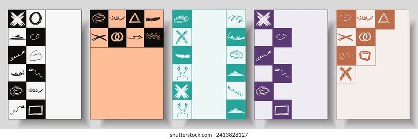 Set Groovy frame with Doodle Hand Drawn elements on trendy Geometric checkboard background. Design for postcard and poster template. Arrow, geometry shape and underline. Vector illustration. EPS 10