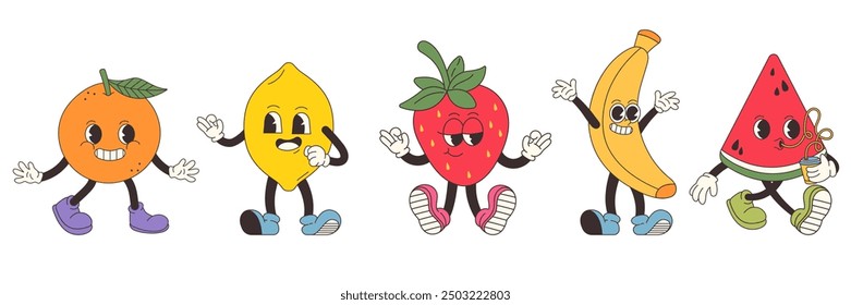 Set of Groovy fruits. Hand draw Funny Retro vintage trendy style fruits cartoon character. Doodle Comic collection. Funny vintage fashion style.