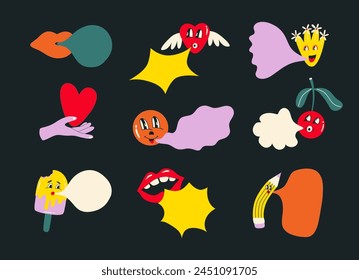 Conjunto de magníficos personajes funky con burbuja de habla. Flor, labios, helado, lápiz, emociones de cereza en estilo retro. Ilustración vectorial de dibujos animados.