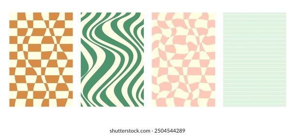 Set of groovy, funky, psychedelic retro backgrounds. Vector abstract checkerboard, mesh and wavy patterns in pastel colors