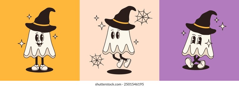 A set of groovy ghost characters. Flat vector illustration.