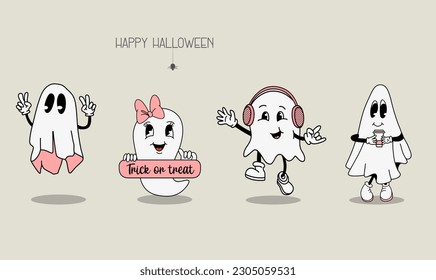 Set of groovy ghosts in retro style, cute halloween ghost characters background