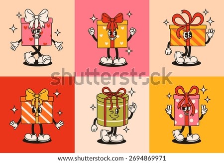 A set of groovy gifts characters in retro style. Flat vector illustration.